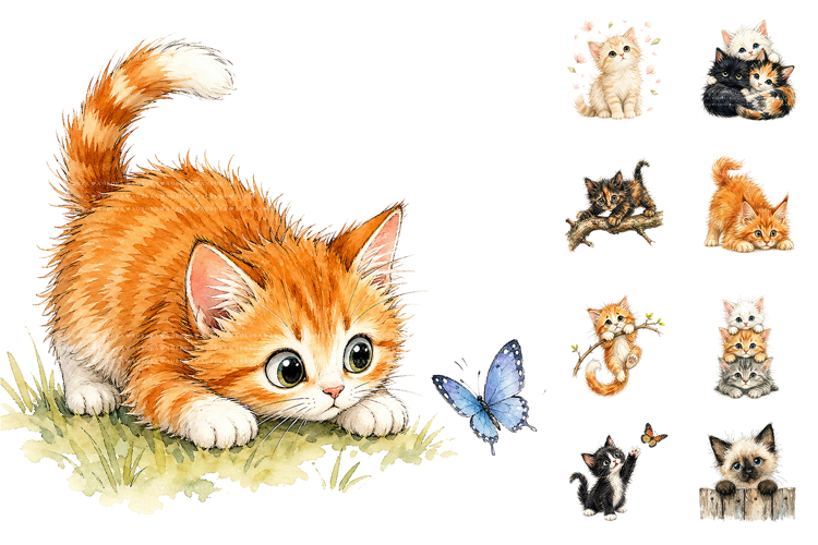 Whimsical Kittens PNG Bundle, Watercolor Cat Clipart