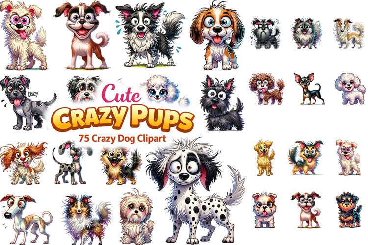 75 Crazy Dog Clipart Bundle, T-shirt, Stickers, Tumbler PNG