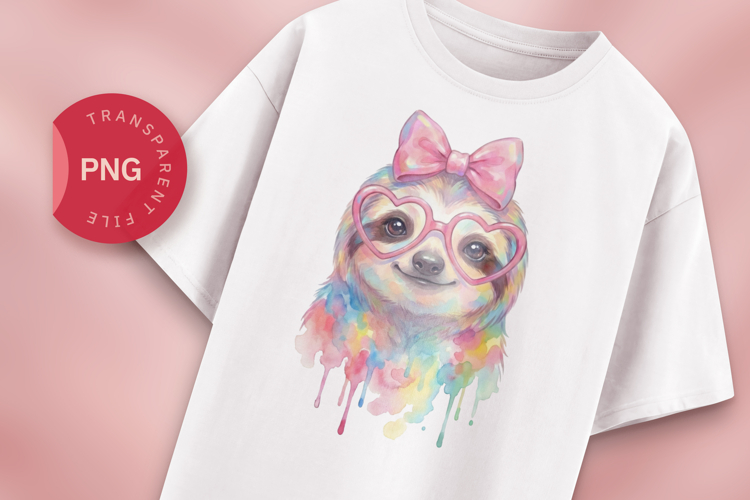 Cute Sloth Watercolor PNG, Rainbow Sloth with Glasses