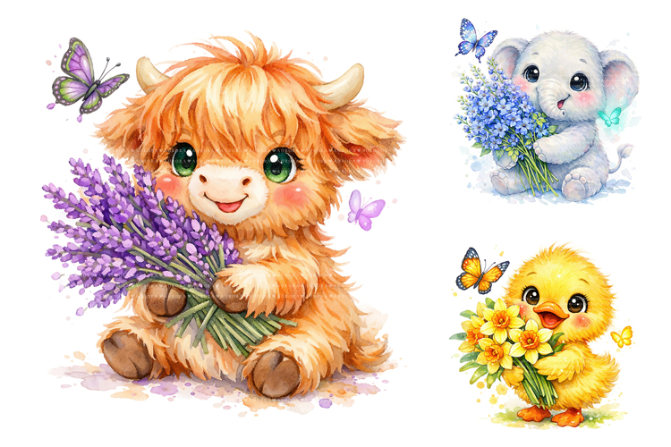 Kawaii Animal Flower Clipart Bundle
