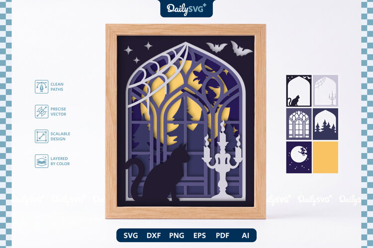 Cat on Gothic Window Halloween Layered Shadow Box example image 1