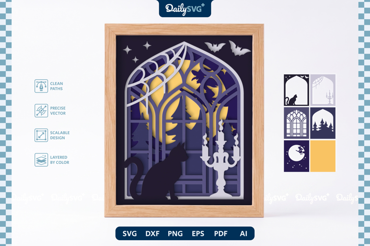 Cat on Gothic Window Halloween Layered Shadow Box