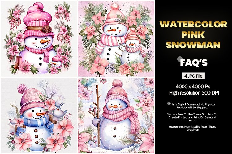 Watercolor Pink Snowman Square Coaster - 04 Variations