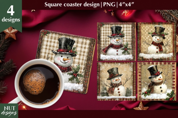 Vintage Snowman Coaster PNG, Vintage Christmas coaster
