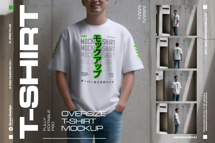 5 Oversized T-Shirt Mockups on Asian Man. Urban Series #1