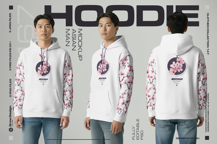 3 Oversized Hoodie Mockups on Asian Man.Generated Ai