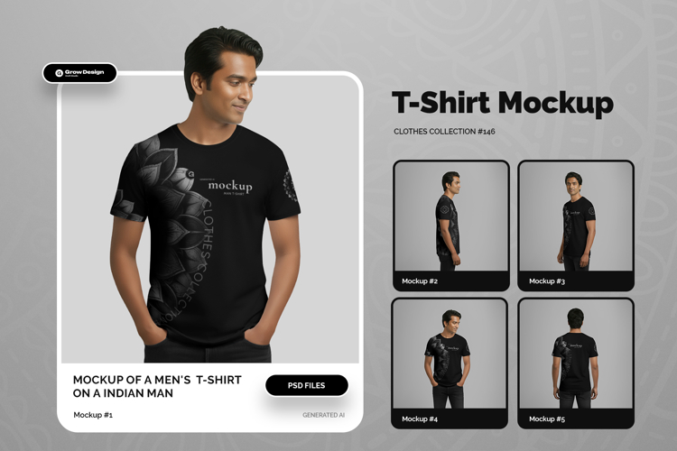 5 T-Shirt Mockups on Indian Man. Vol.01. Generated AI