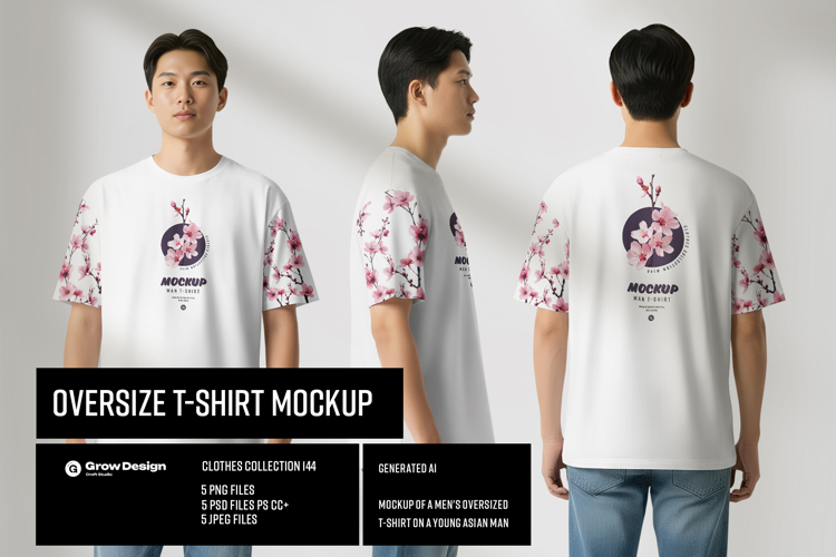 5 Oversized T-Shirt mockups on Asian Man. Generated Ai