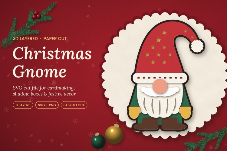3D Layered Christmas Gnome SVG example image 1