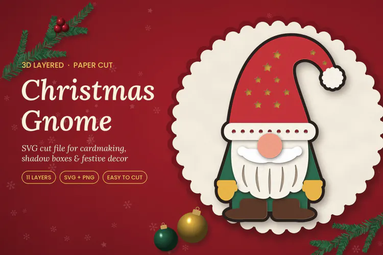 3D Layered Christmas Gnome SVG