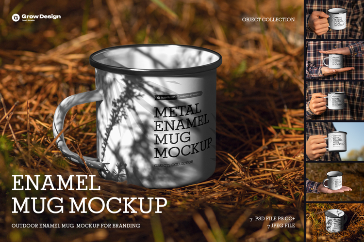 7 Mockups of Enamel Metal Mug in the Hand Man On The Outdoor