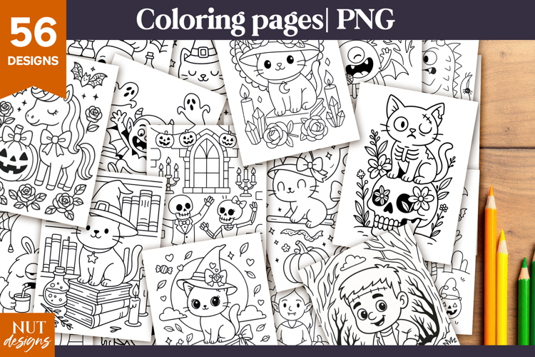 Cute Halloween Coloring pages Bundle Witch, Cat, Skeleton