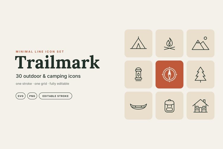 Trailmark 30 Minimal Outdoor & Camping Line Icons SVG example image 1