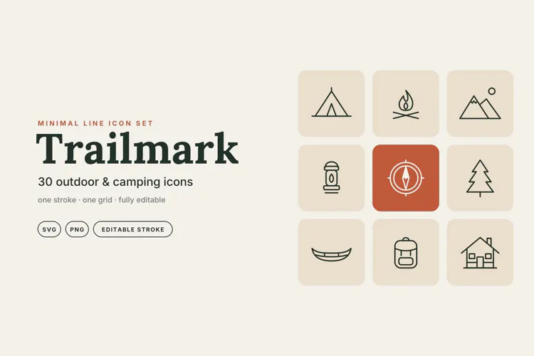 Trailmark 30 Minimal Outdoor & Camping Line Icons SVG