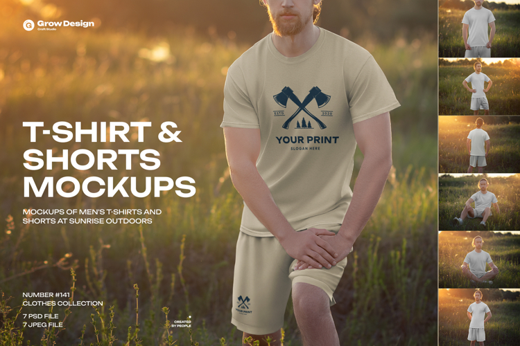 7 Mockups of Mens T-Shirt and Shorts Outdoors at Dawn