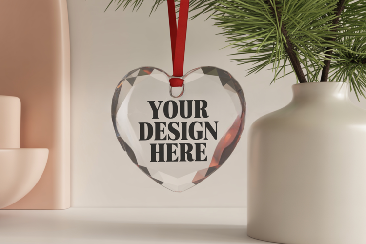 Christmas Heart Crystal Glass Ornament Mockups