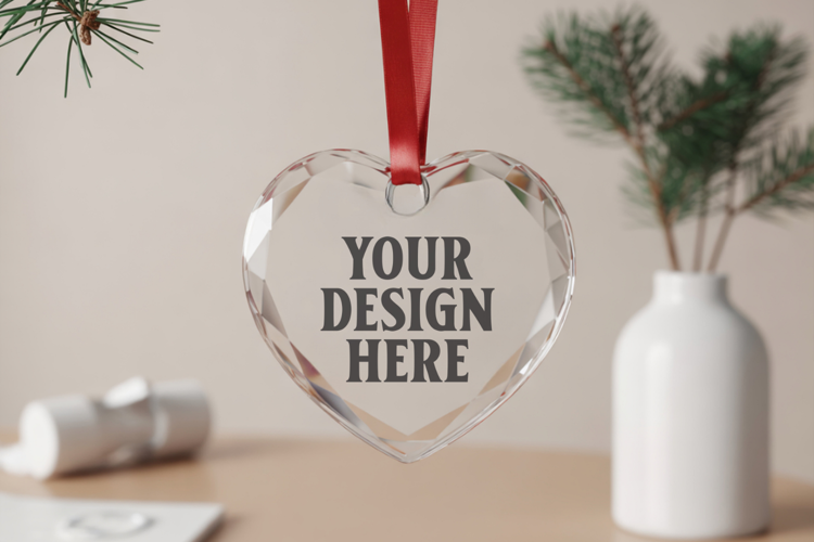 Christmas Heart Crystal Glass Ornament Mockup | Clear Heart