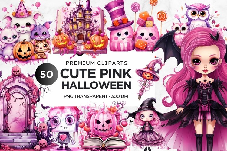 Watercolor Pink Halloween Clipart Set Bundle for sublimation example image 1