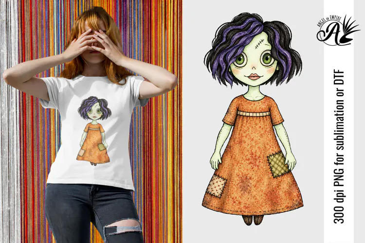 Cute Halloween zombie girl PNG for sublimation or DTF