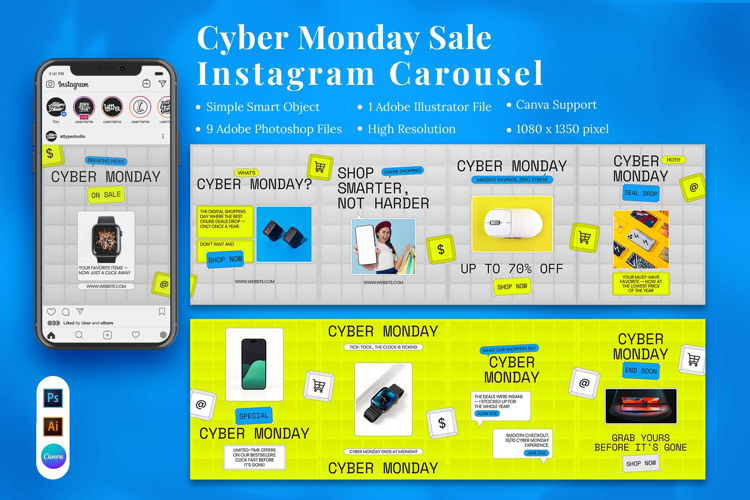 Cyber Monday Sale Instagram Carousel & Canva Template