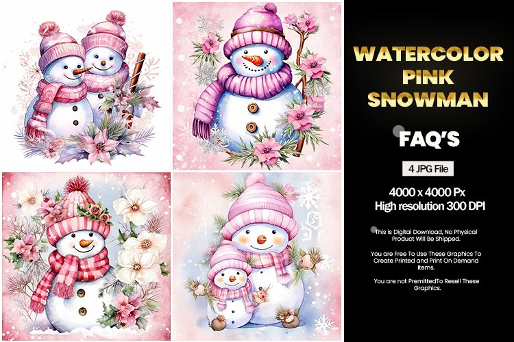 Watercolor Pink Snowman Square Coaster - 04 Variations