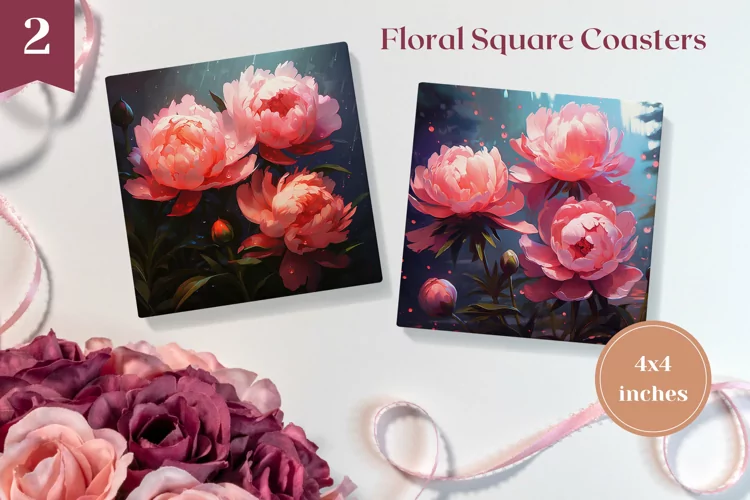 Peony Flowers Square Coaster Design, Peony Sublimation PNG