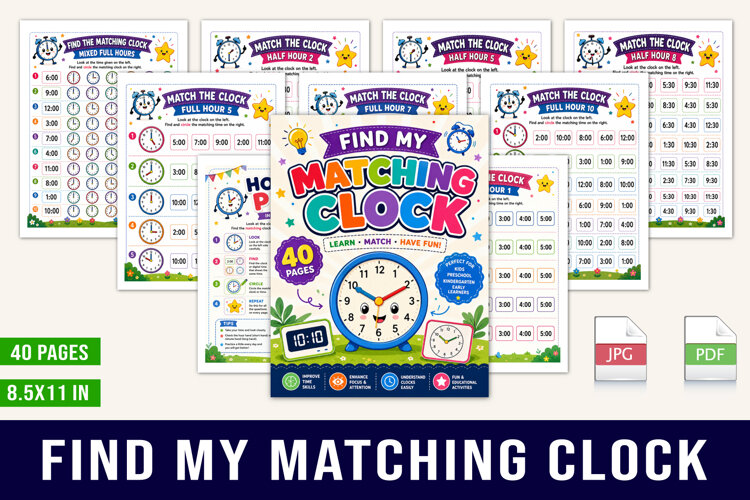 Find My Matching Clock Kids Learning Workbook example image 1