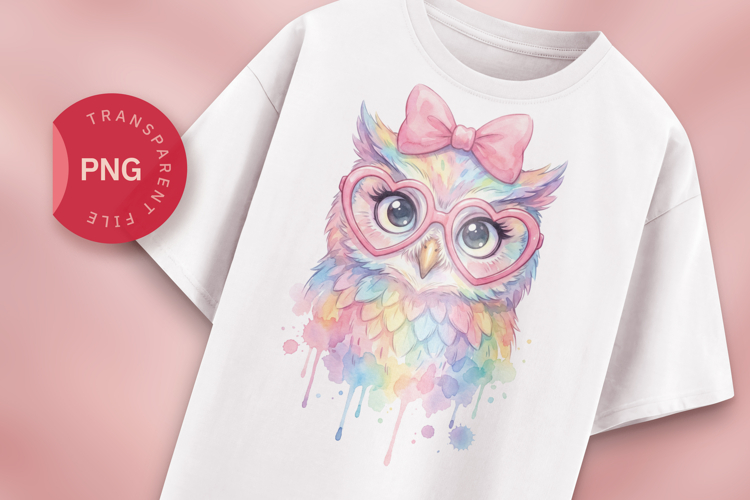 Cute Owl Watercolor PNG, Rainbow Owl with Glasses