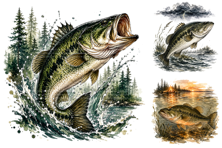 Bass Fishing Sublimation PNG Bundle, Watercolor Lake Clipart