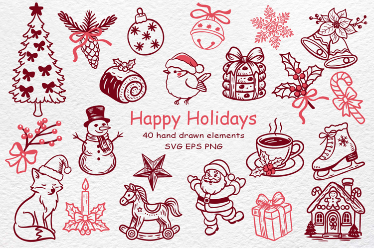 Christmas Holiday Hand-Drawn Clipart Set