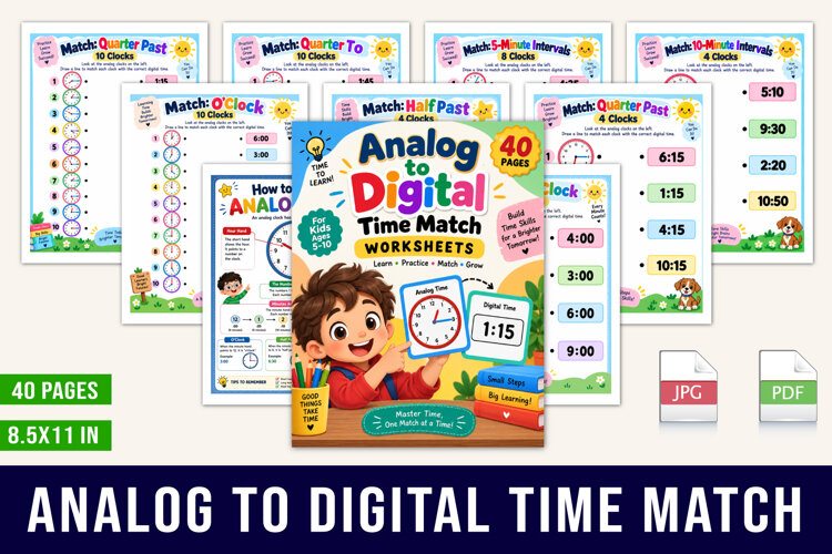 Match Digital & Analog Clocks Learning Workbook example image 1