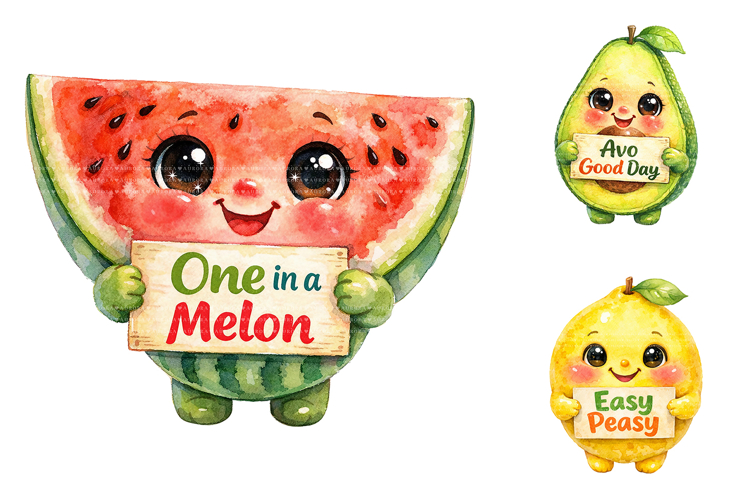 Watercolor Kawaii Fruit Clipart Bundle