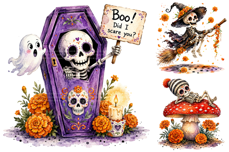 Watercolor Day Of The Dead Skeletons PNG