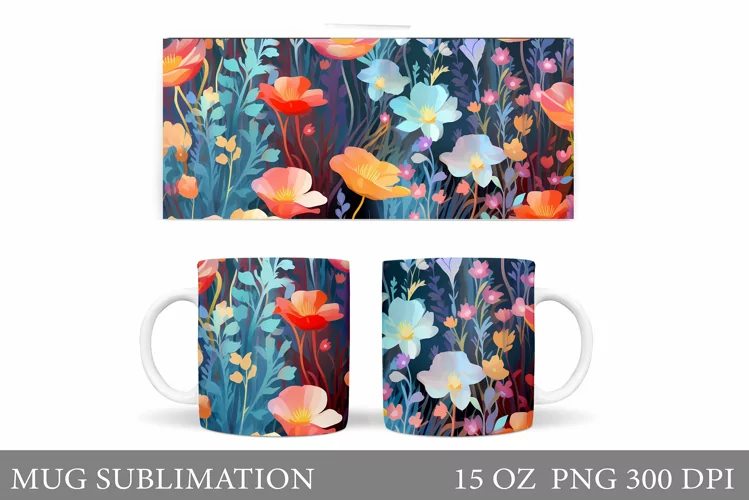Flowers Mug Wrap Design. Wildflowers Mug Sublimation