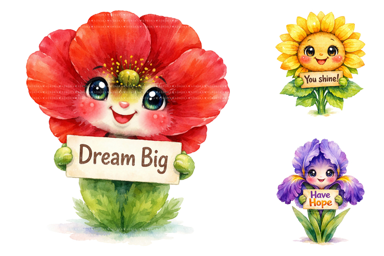 Kawaii Watercolor Flower Clipart Bundle