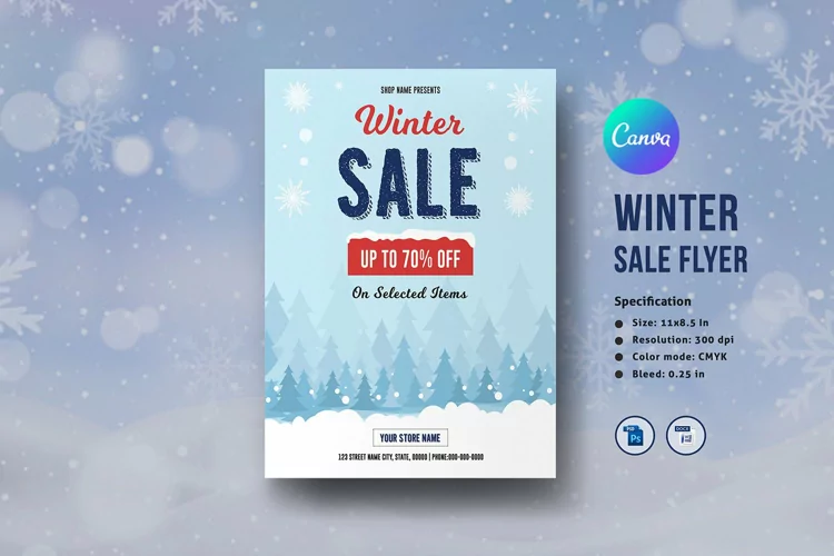 Winter Sale Flyer Template, Canva, Ms Word & Photoshop