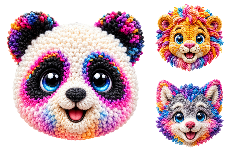 Rainbow Crochet Animal Face PNG Bundle