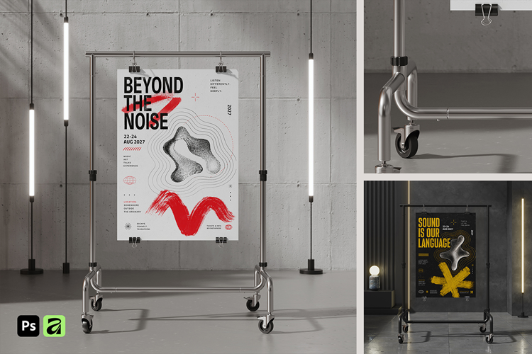 Industrial Rolling Poster Stand Mockup