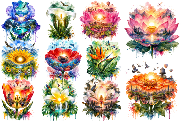 Watercolor Double Exposure Floral Landsc example image 1
