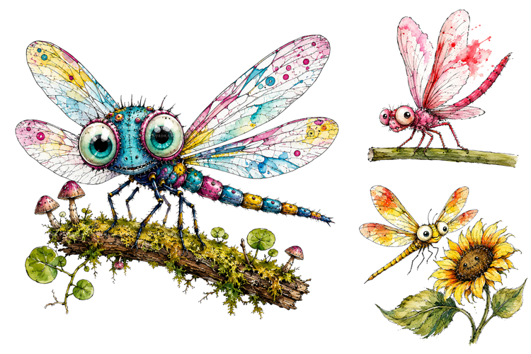 Whimsical Dragonfly Clipart Bundle, Watercolor Garden PNG