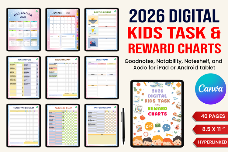 2026 Digital Kids Task & Reward Charts Planner