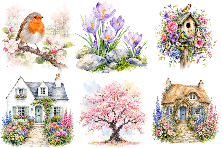 Watercolor Spring Garden Clipart Bundle, Floral PNG