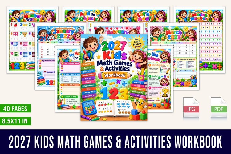 2027 Kids Math Games & Activities Workbook example image 1