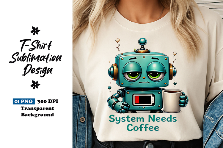 System Needs Coffee Robot Clipart Sublimation PNG