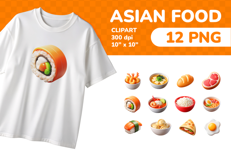 Asian Food PNG Clipart Set 12 Items for Sublimation & Print