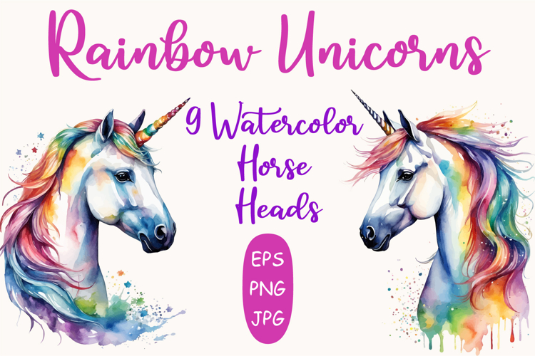 Set of 9 Unicorns in Flowers Watercolor Vector