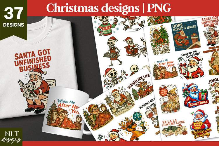 Funny Retro Christmas PNG Bundle Skeleton Santa Claus Elf