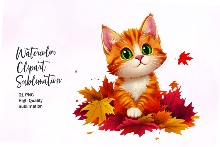 Cute cat with autumn leaves clipart png