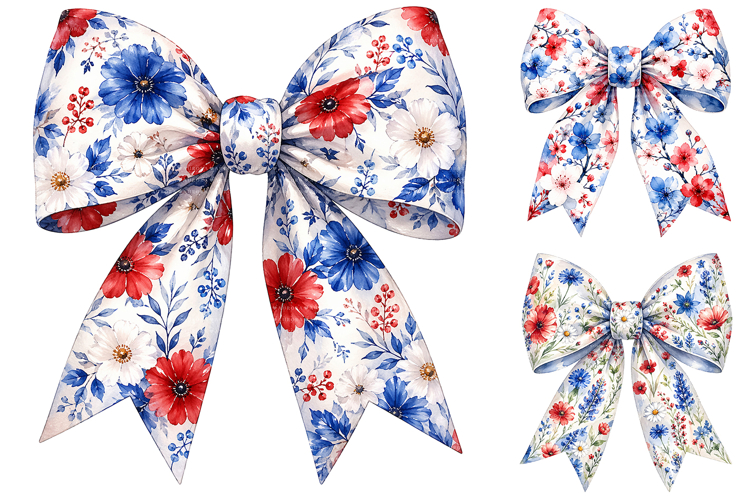 Patriotic Floral Bow Sublimation PNG, Fourth of July Clipart example image 1