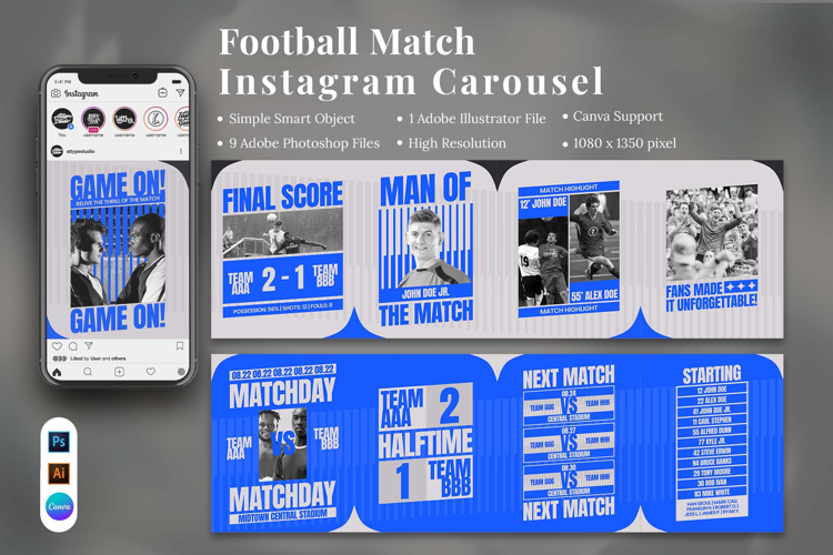Football Match Day Instagram Carousel & Canva Template